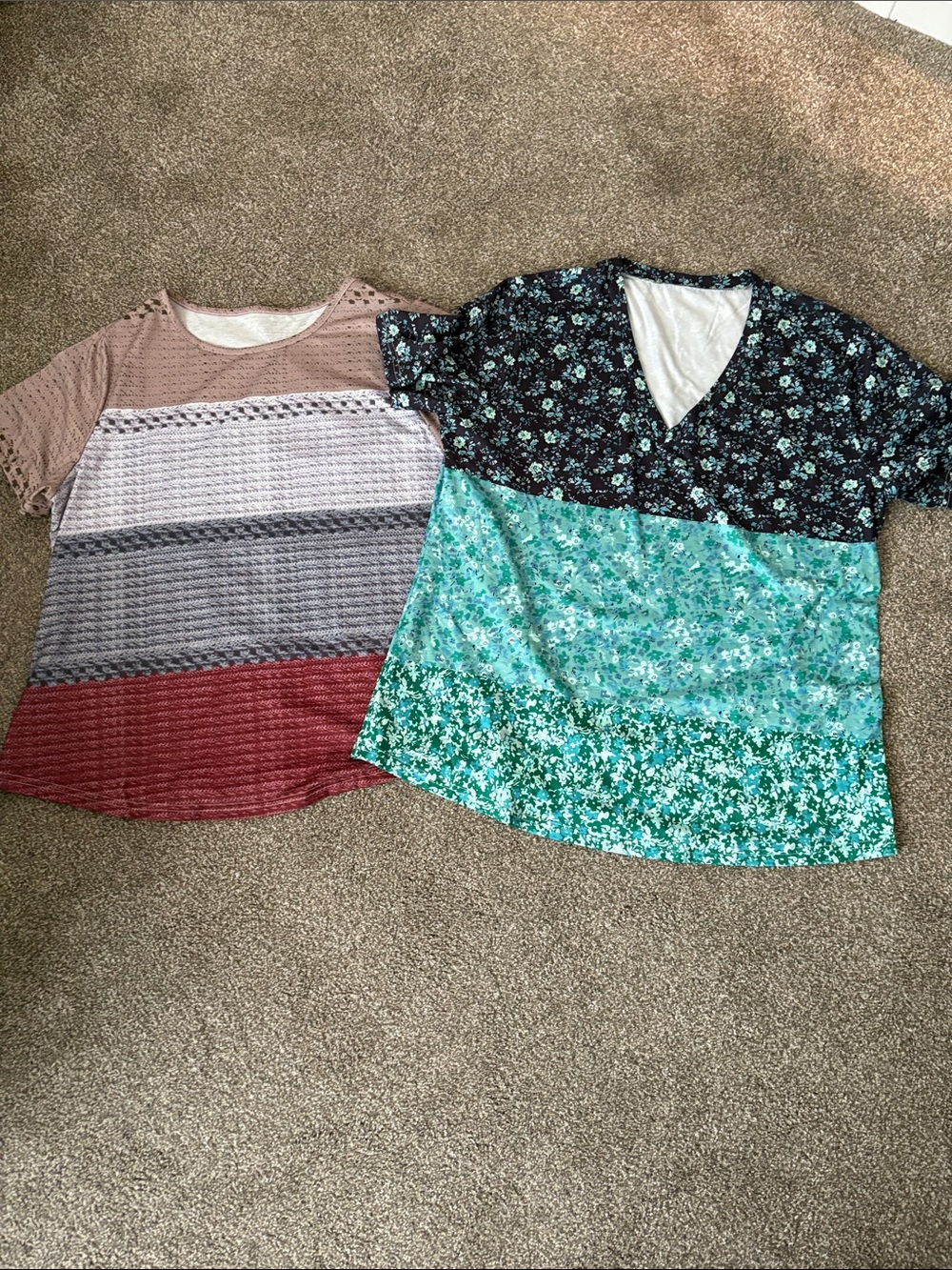 Mixed-Stripe Short Sleeve Top - Mauve, Gray & Red